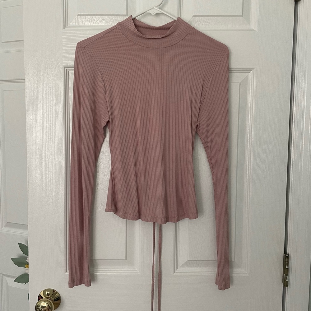Free People pink ribbed open back mock neck sweater top